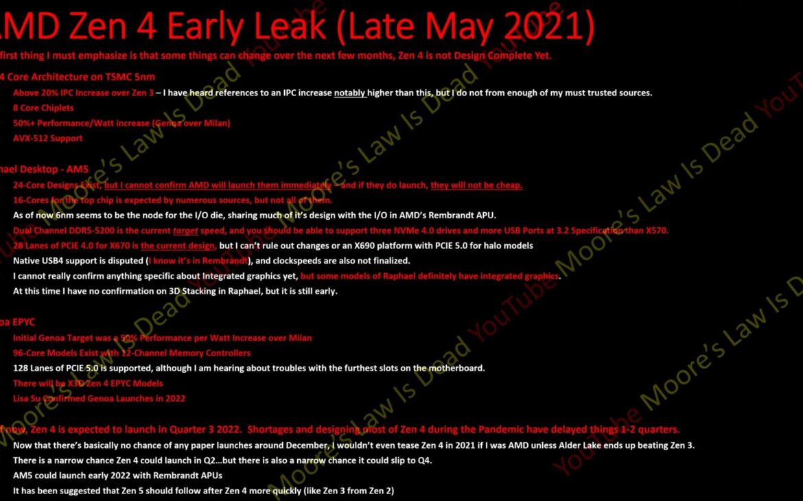 récapitulatif des rumeurs concernant Zen 4, par Moore's Law is Dead