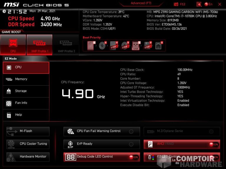 msi mpg z590 gaming carbon wifi - bios : mode simple