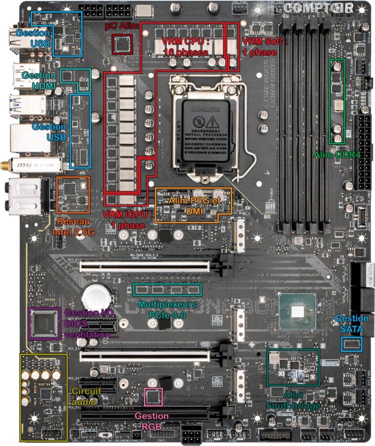 msi mpg z590 gaming carbon wifi - vue détaillée du PCB : face avant