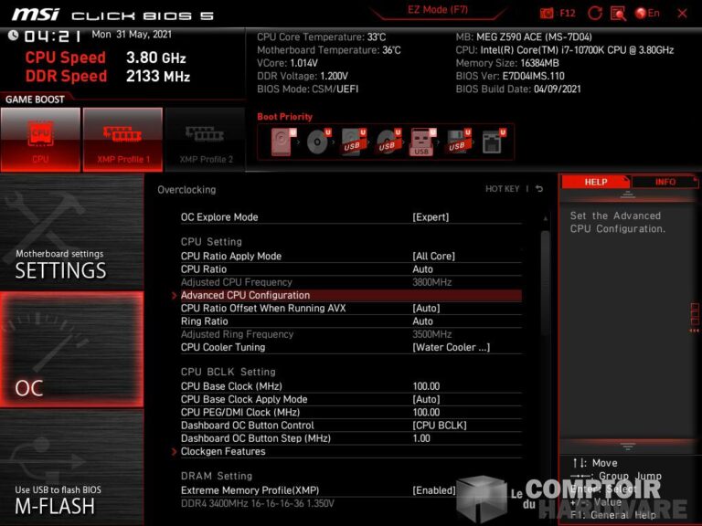 msi meg z590 ace gold edition - bios : mode avancé
