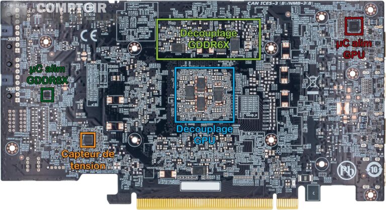 gigabyte rtx 3070 ti gaming oc - vue détaillée du pcb : face arrière