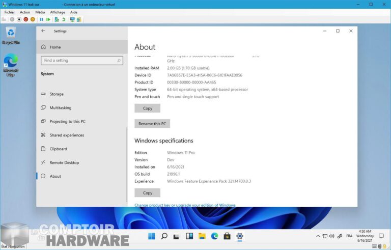 fuite supposée de Windows 11 - version du système
