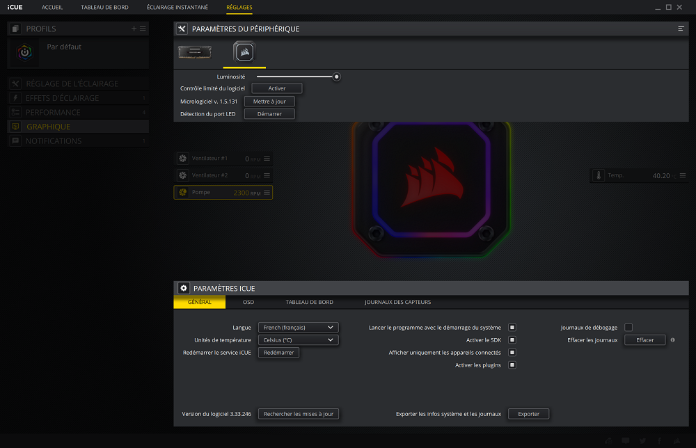 Les différents régalges : firmware, intensité etc.