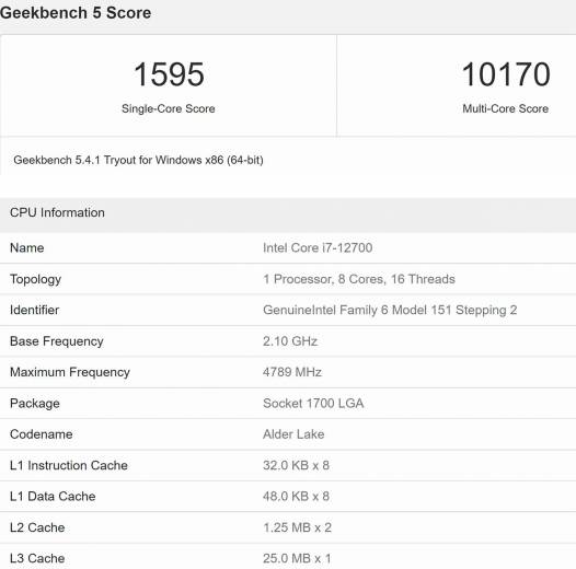 geekbench 12700 alder