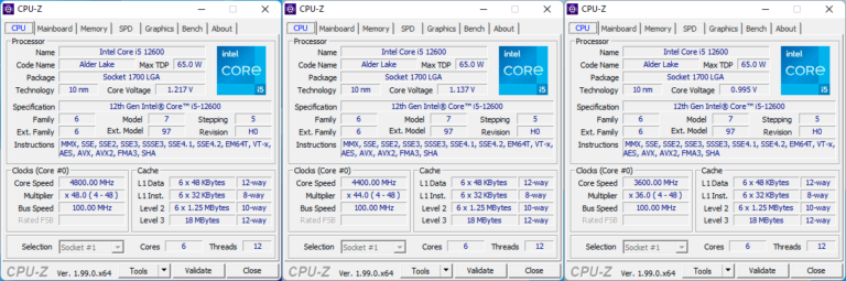 CPU-Z: Les fréquences du Core i5-12600