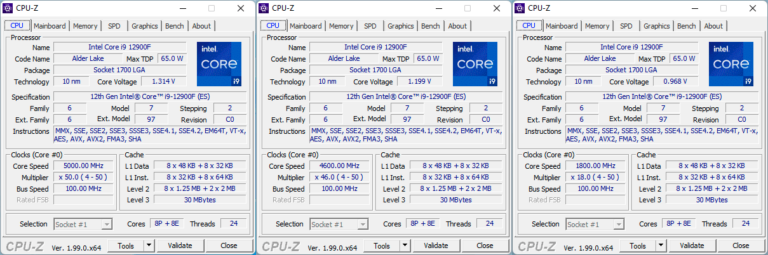 CPU-Z: Les fréquences du Core i9-12900F