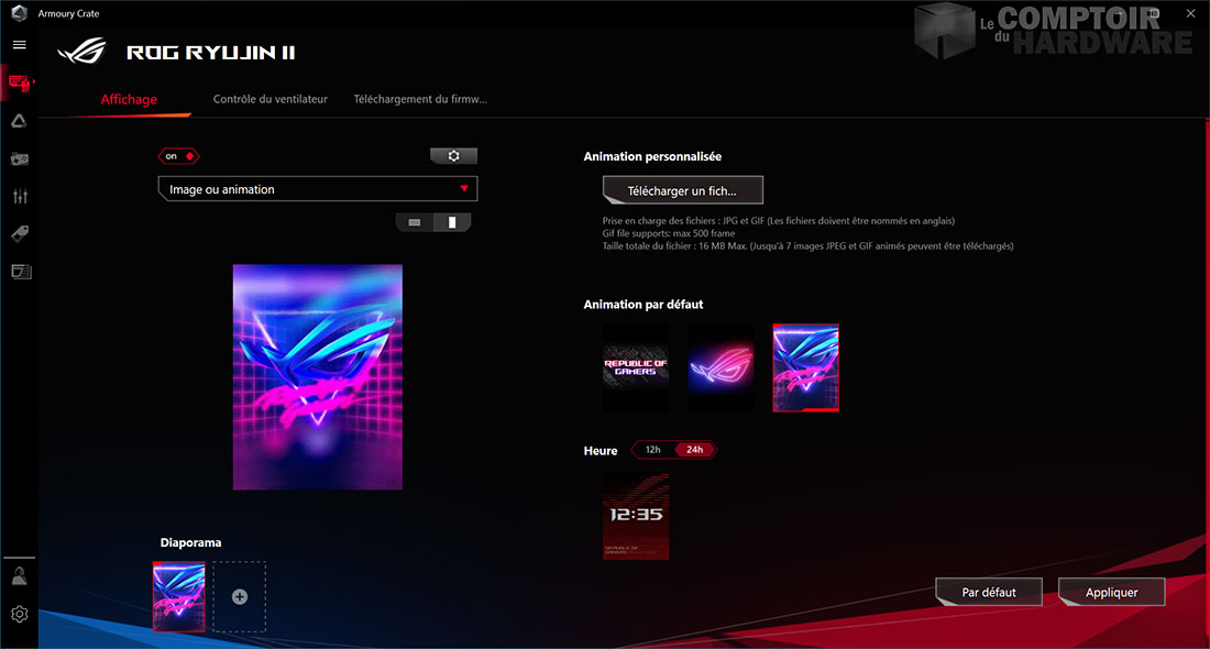 La page qui permet de gérer l'écran