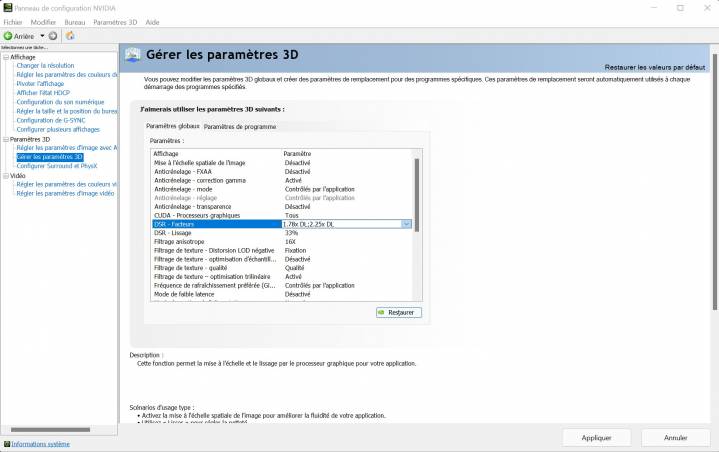 dldsr panneau controle