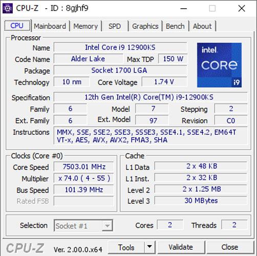cpuz 12900ks 7500mhz