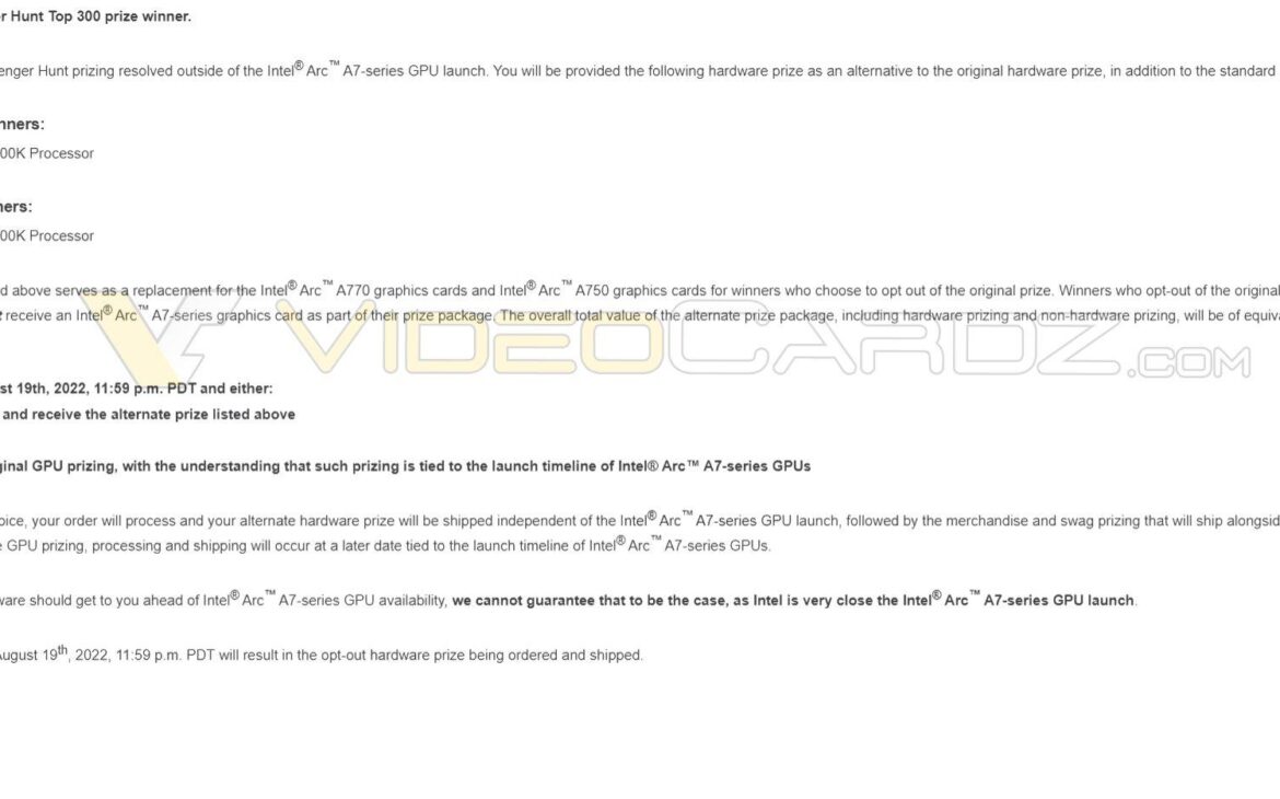Email d'Intel aux gagnants de l'Xe HPG Scavenger Hunt