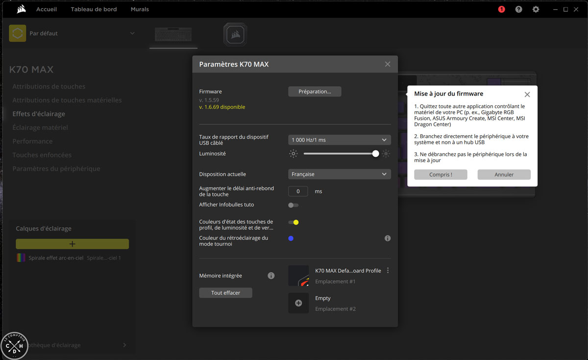 La mise à jour du firmware du Corsair K70 Max RGB